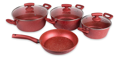 Batería De Cocina Recubrimiento Marmoleado 7 Piezas Rojo Doral