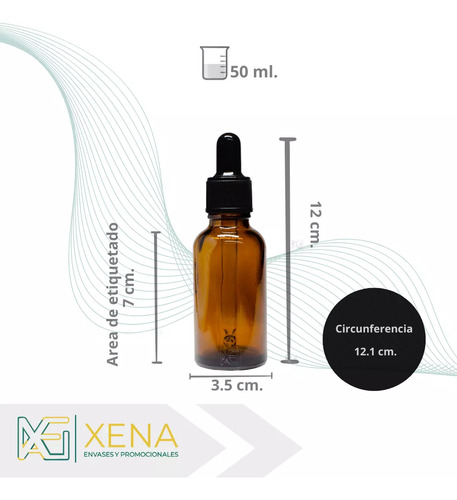 Envase De Vidrio Ambar 50 Ml Frasco Con Pipeta Negra X 10