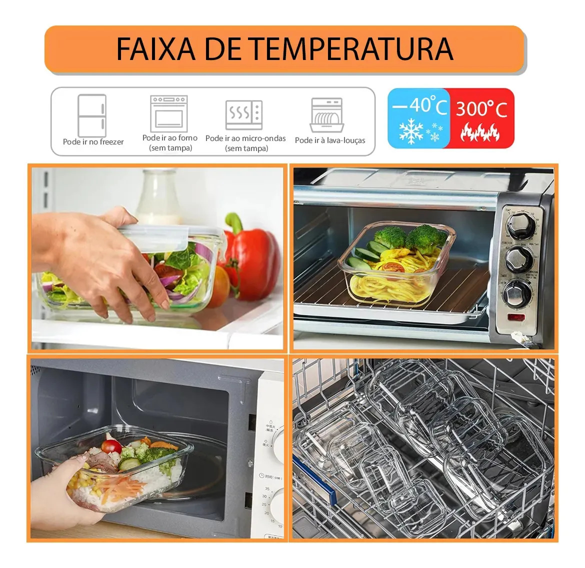 Yab Kit 5 Potes De Vidro Marmita C/ Tampa Hermético 640ml Retangular 4 Travas Borossilicato... 7