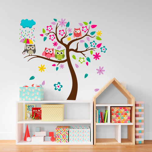 Vinil Decorativo Infantil Árbol Multicolor, Buhos