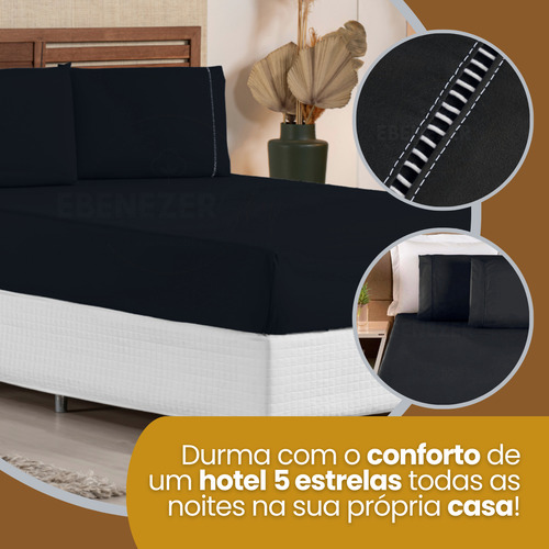 Lençol King Padrão C/ Elástico Fronha Ponto Palito Macio 3 Peças 400 Fios Premium Toque Macio Cor Preto