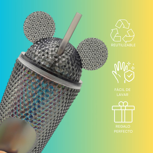 Vaso Con Orejas De Mickey Mouse Texturizado De Acrílico Con Tapa Y Popote De 700 Ml Color Negro (clicuc)