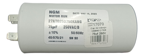 Capacitor De Trabajo Ngm 75uf 250vac/b +/-10%