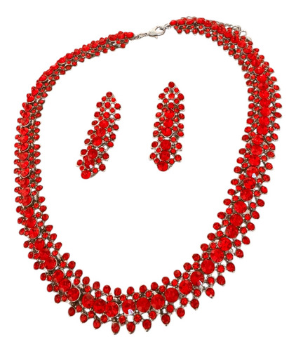 Collar Y Aros Colgante En Piedras Rojas Para Brillar Rojo