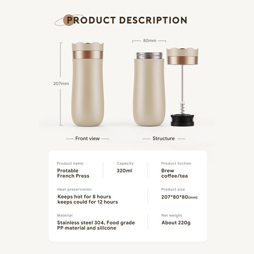 Taza De Viaje Al Vacío Portale, Taza De Café De 320ml, Oro