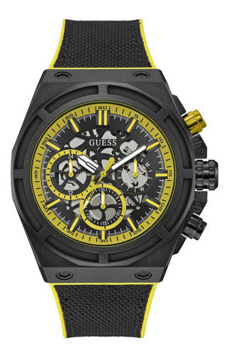 Reloj Guess Commander Para Caballero Plata Correa Negro Bisel Negro Fondo Amarillo