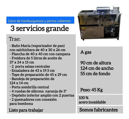 Imagen 5 de 5 de Carro De Perro Caliente Y Hamburguesa 3s Grande A Gas.