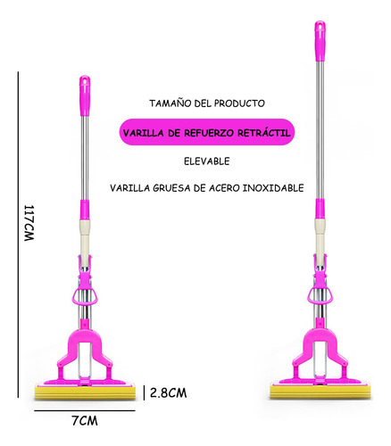 Fregona Esponja Absorbente Con Mango Telescópico, Fácil Uso Rosa