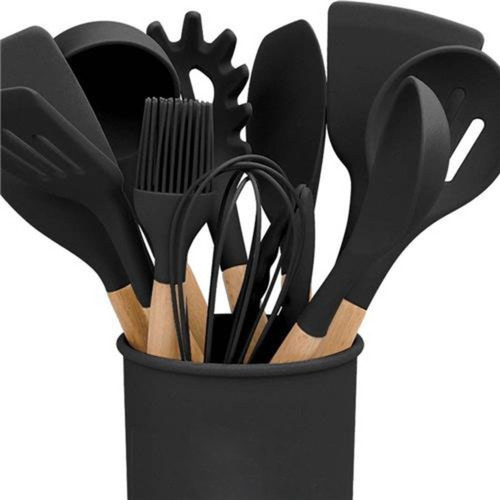 Kit Utensílios De Cozinha C12 Silicone Cabo Madeira Cor Pret