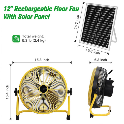 Ventilador De Piso Recargable Solar 12 Pulgadas Portable