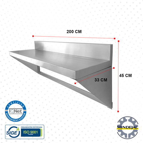 Repisa con Soporte Acero Inoxidable Mindejal REP-200 2 Mts Cromado