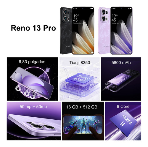 Taplet Reno 13 Pro Dual Sim 16gb+512ggb 2025 El Más Popular Smartphone Android 14 5g Wifi Súper Barato Celular Desbloquea Batería De Larga Duración Negro