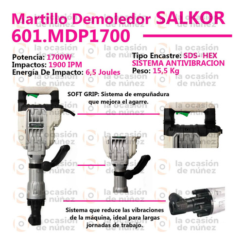 Imagen 2 de 7 de Martillo Demoledor Salkor Hexagonal 1700w Industrial Maletin