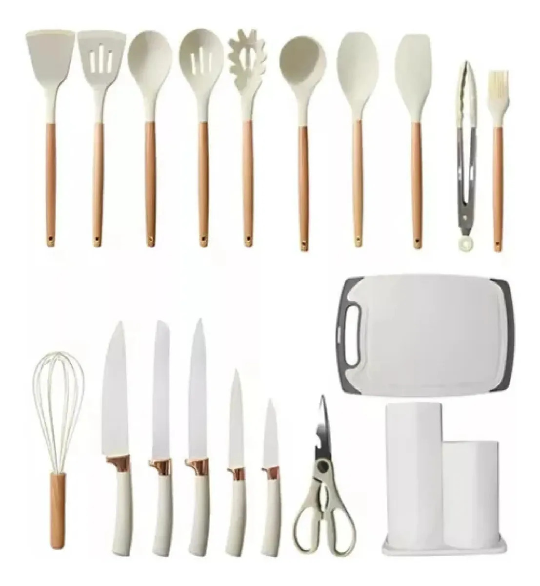 Set Utensilios Cocina Silicona + Set Cuchillos X19 Pcs Color Blanco