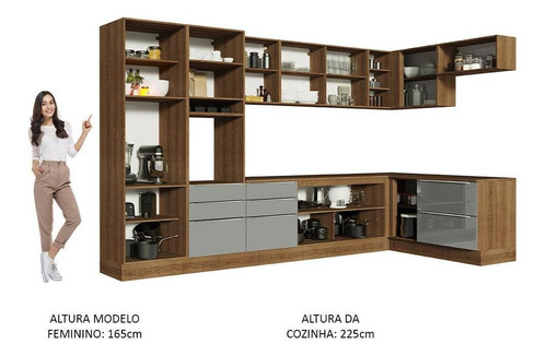 Armário De Cozinha Completa De Canto 546cm Rc Lux Madesa 05 Cor Rustic/Cinza