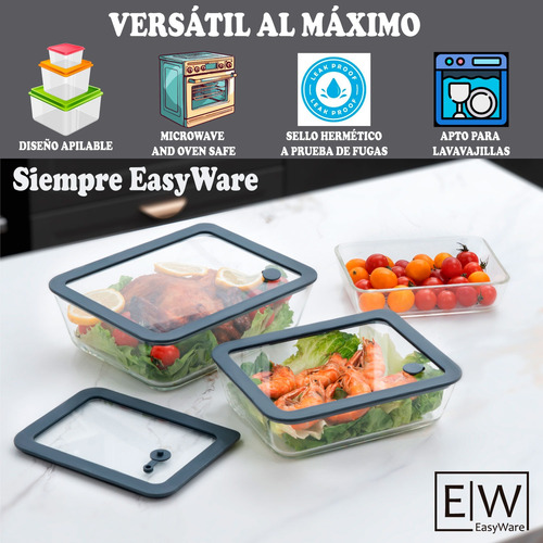 Juego 3 Refractarios Recipientes Con Tapa De Vidrio Easyware