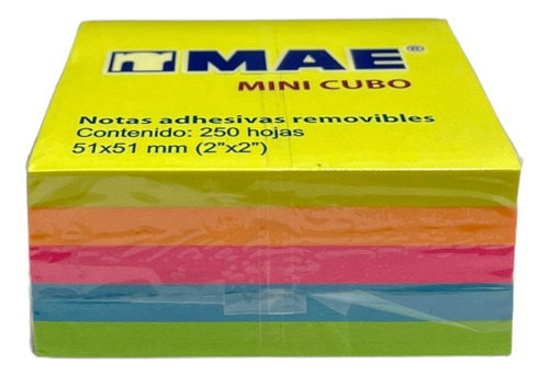 Mini Cubo Notas Adhesivas 5x5cm Mae 250 Hojas 5 Colores Neon