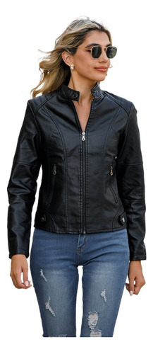 Chaqueta De Cuero Con Cuello Alto De Talla Grande Para Mujer