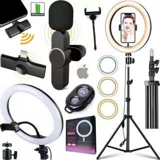 Kit Ring Light Luz Led Tripé Microfone Lapela Sem Fio iPhone