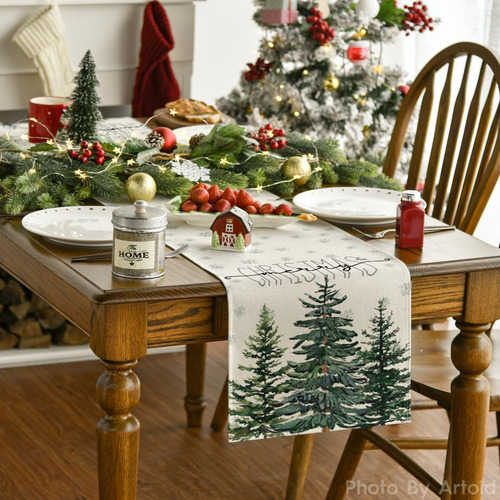 Camino De Mesa: Copo De Nieve De Pino Beige, Feliz Navidad Beige Beige
