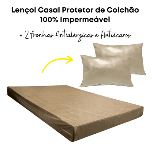 Capa De Colchão Lençol Casal Kit Protetores Macio Silencioso E Impermeável Bege