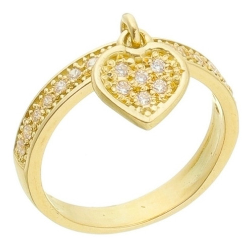 Anel Cravejado Zircônias Ouro 18 Kl Coração Pendurado