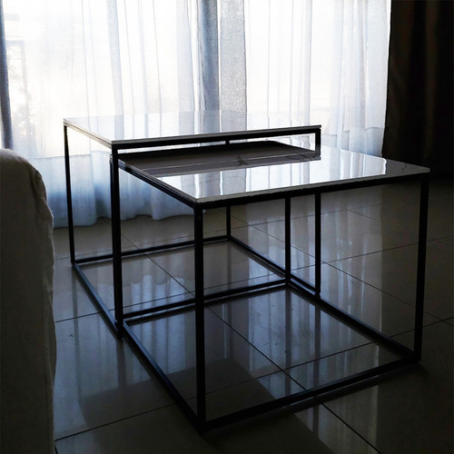 Imagen 3 de 8 de Mesa Ratona Auxiliar Apoyo Lateral Nido Hierro Simil Mármol