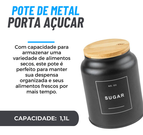 Pote De Açucar Sense Sugar Preto Fosco Com Tampa De Bambu