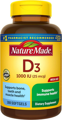 Vitamina D3 1000 Iu Nature Made 300 Softgel Sabor Sin Sabor