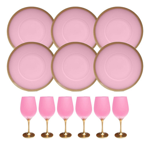 Set 6 Copas Barone Vidrio + 6 Platos Color Dorado Rosa Bebe Y Dorado