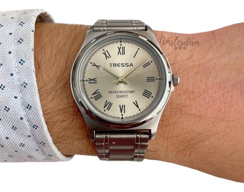 Reloj Tressa Hombre Modelo Oporto Romanos ..amsterdamarg.. Malla Plateado Bisel Plateado Fondo Dorado Romanos
