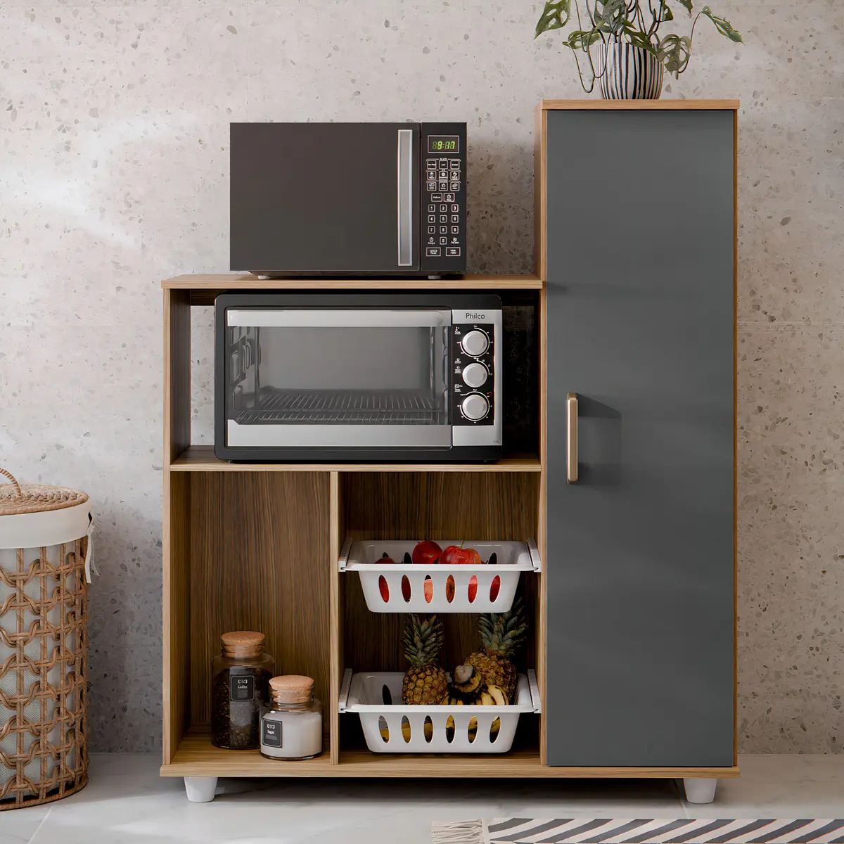 Fruteira Armário Anne Com Bancada Organizadora Multiuso Para Microondas E 1 Porta Cor Mel Grafite M Casa Móveis