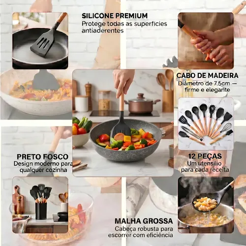 Kit 12 Utensílios de Cozinha em Silicone com Cabo de Madeira para...