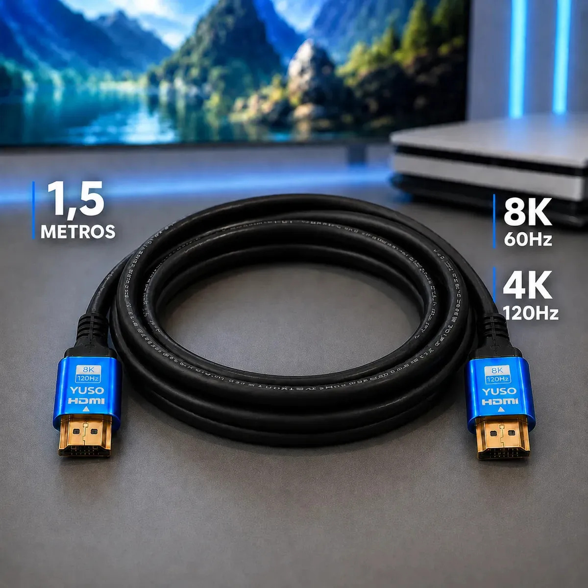 Cabo HDMI 2.1 8K 1,5 metros 4K 120fps PS5 Xbox Series X/S TV OLED 48Gbps Blindado Compatível com PS5 Xbox Series PC Gamer Notebook TV - YUSO