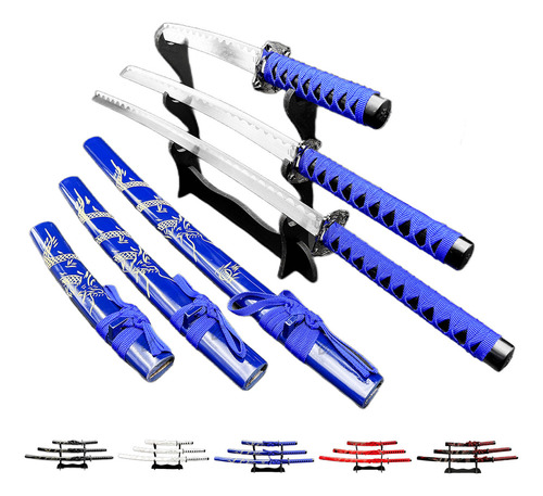 Set 3 Katanas Wakizashi Tanto Samurai Acero Espada Con Base Color Azul