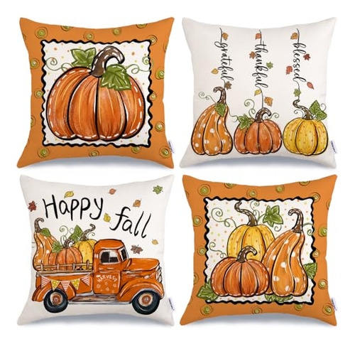 Fall Pillow Covers 18 X 18 Inch Set Of 4, Happy Fall Pu...