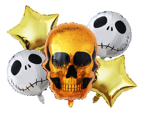 6 Kit Decoración Con 30 Globos Metalicos Halloween Calavera Color Multicolor