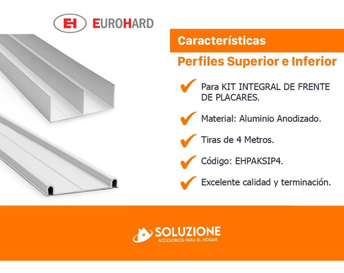 Perfil Superior + Inferior Aluminio 4 Metros Frente Placard
