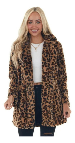 Bonito Abrigo De Solapa Con Estampado De Leopardo Para Mujer