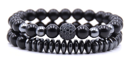 2 Pulsera Hombre De Ónix Negro 6-8 Mm Y Circón Cúbico.