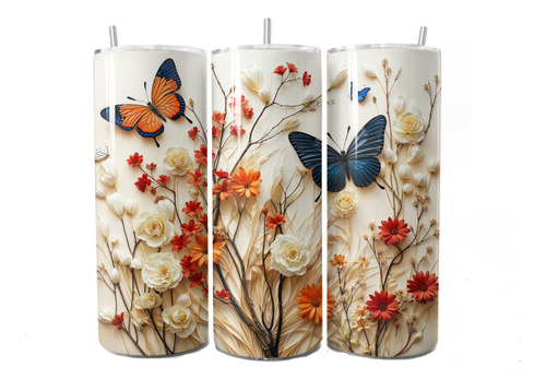 Termo Skinny Tumbler Con Estampado De Mariposas Efecto 3d