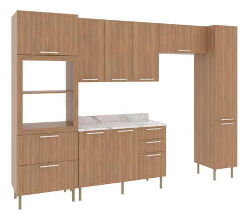 Cozinha Completa Modulada 5 Peças com Balcão com Tampo Multimóveis CR20451 Freijó/Mármore Branco