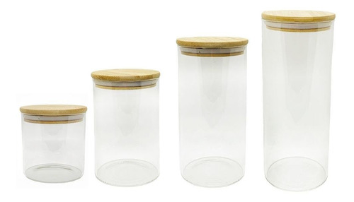 Set De 4 Frascos Vidrio Hermético Tapa Bamboo