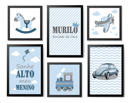 Kit 6 Quadros Decorativos Moldura\vidro Meios De Transporte