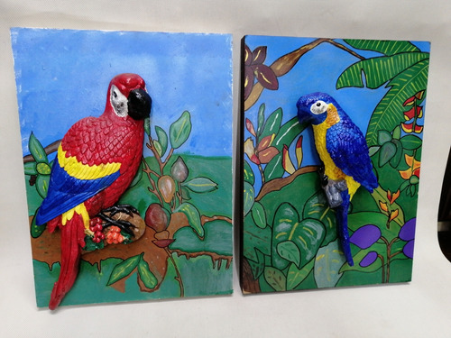 Cuadro Mexicano Antiguo Guacamaya En Yute Madera Y Óleo 