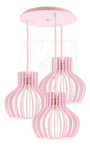 Kit 3 Pendente Lustre Madeira Para Sala Quarto Cozinha E27 Cor Rosa-claro 110V/220V