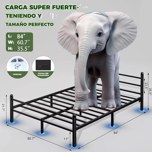 Metal Cama Queen Size Cabecera Luces Led Usb Recamara210x154