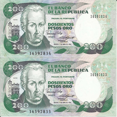 Colombia Dúo Números Consecutivos 200 Pesos 1 Abril 1989