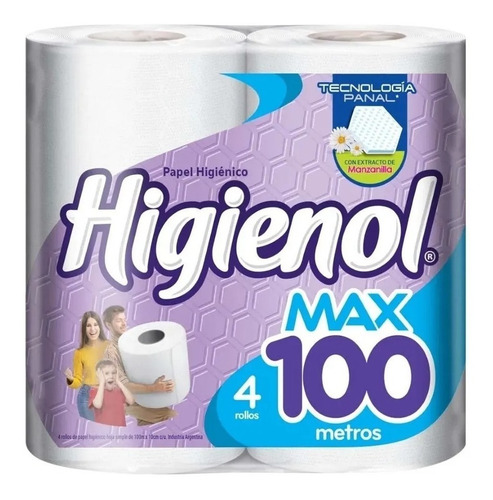 Imagen 1 de 2 de Papel Higiénico Higienol Max 100 Metros 4 Rollos Manzanilla*