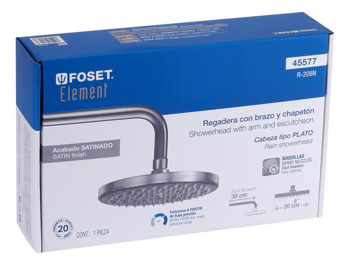 Regadera Satin 8 Plato Redondo Con Brazo Foset 45577